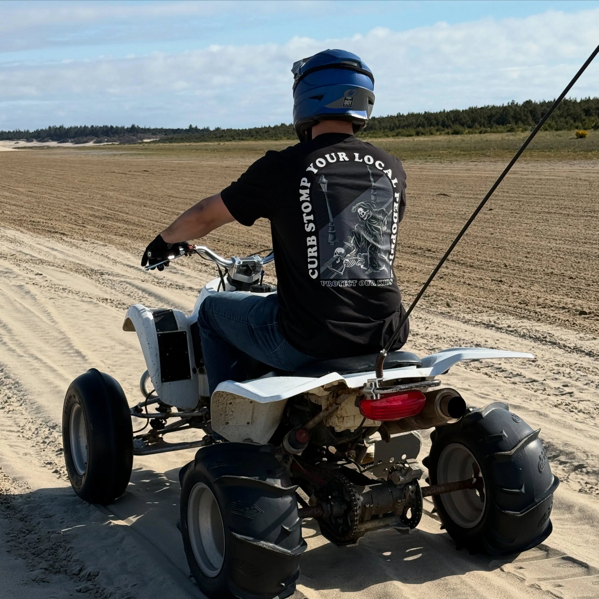 Wearing Curb Stomp Your Local Pedo and Riding a Quad at the Coast