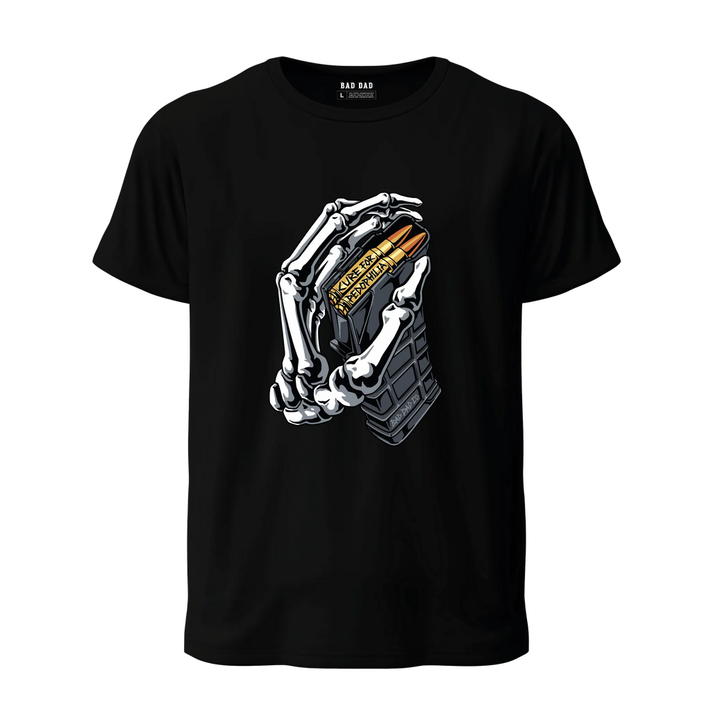 Black t-shirt with front design showing a skeleton hand gripping a firearm magazine, bullets marked “Cure for Pedophilia.”