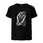 Black t-shirt with front design showing a skeleton hand gripping a firearm magazine, bullets marked “Cure for Pedophilia.”