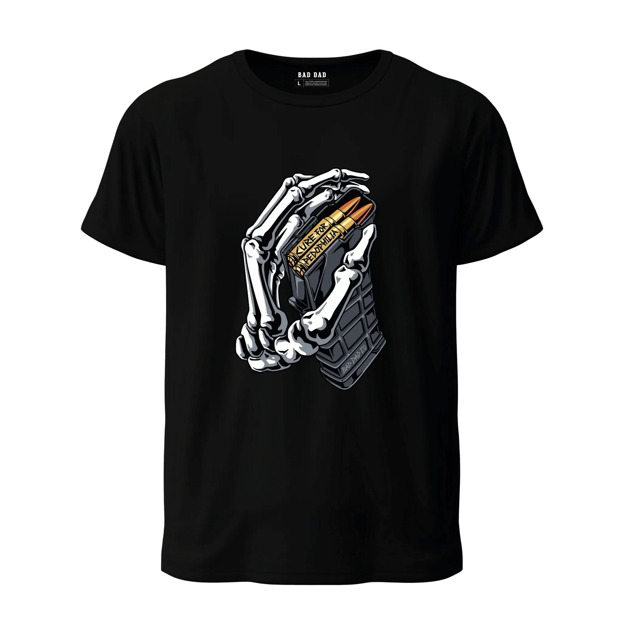 Black t-shirt with front design showing a skeleton hand gripping a firearm magazine, bullets marked “Cure for Pedophilia.”